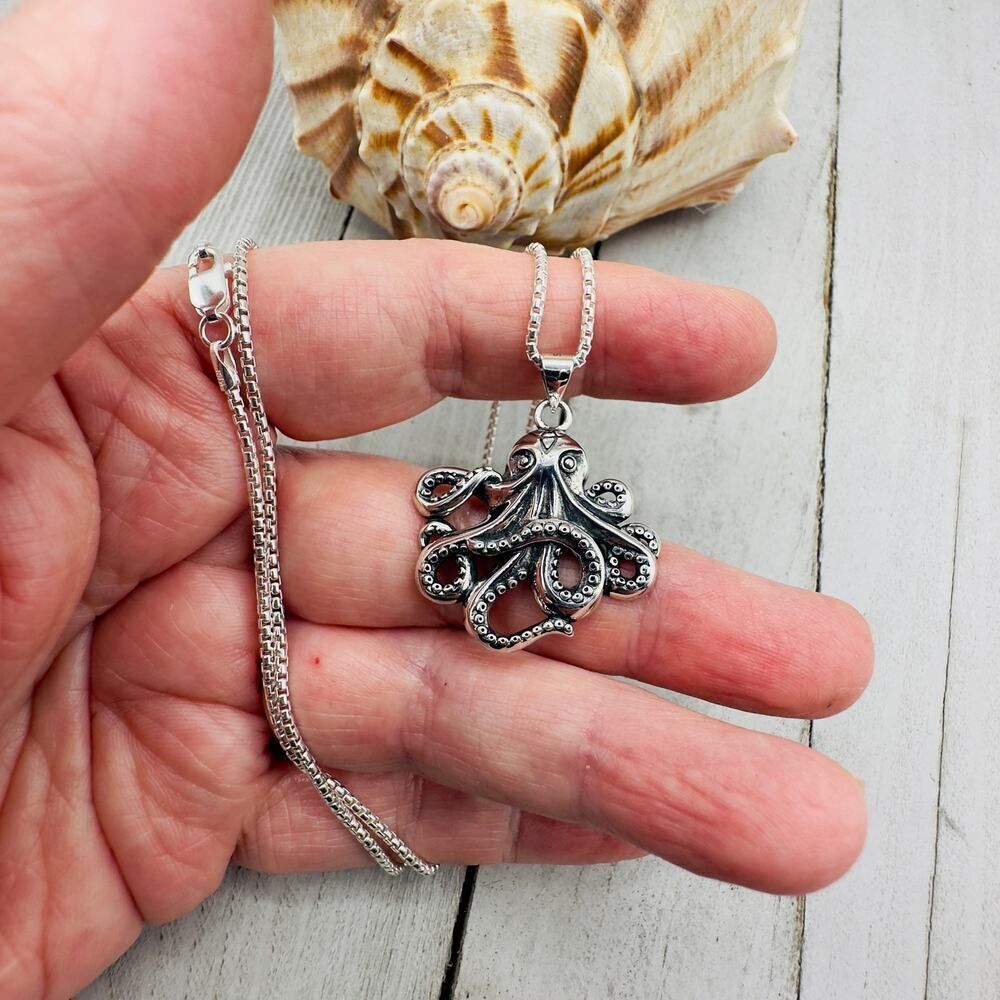 Octopus Sterling Silver Necklace Rounded Box Chain - Picture 10 of 11